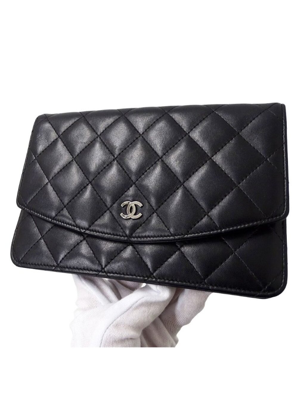 Chanel Quilted Clutch Wallet Lambskin Black Silver - Picture 11 of 15